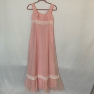 Vintage Pink Dotted Swiss Maxi Dress Empire Waist Lined Sz XS Boho Hippie 1960’s